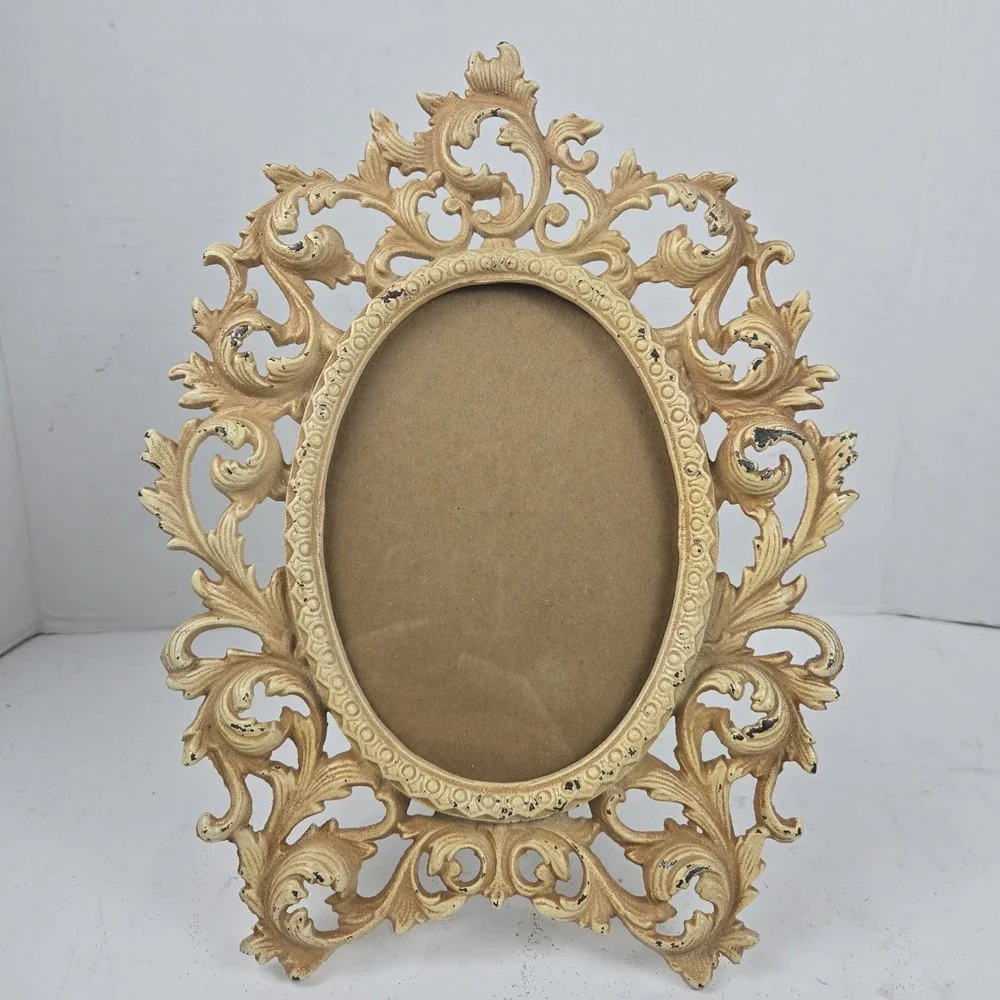 Antique 1920s Ornate Cast Metal Oval Photo Frame 5x7 Scroll Art Deco Victorian